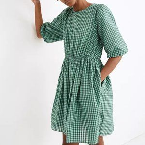 NWT - MADEWELL 00 GINGHAM CREWNECK BUBBLE-SLEEVE MINI DRESS